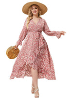 Loose Pink Ruffled Asymmetric Tie Waist Patchwork Dress Flare Sleeve