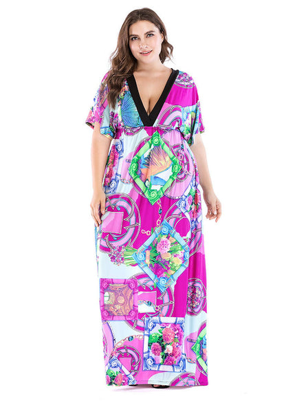 Loose Print Patchwork Wrinkled Ice Silk Holiday Maxi Dress Short Sleeve