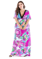 Loose Print Patchwork Wrinkled Ice Silk Holiday Maxi Dress Short Sleeve