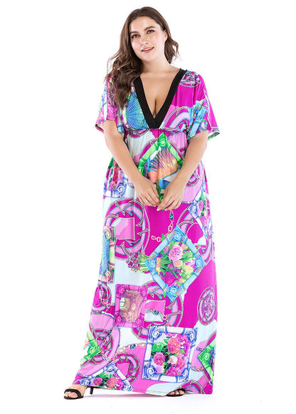 Loose Print Patchwork Wrinkled Ice Silk Holiday Maxi Dress Short Sleeve