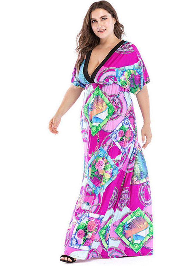 Loose Print Patchwork Wrinkled Ice Silk Holiday Maxi Dress Short Sleeve