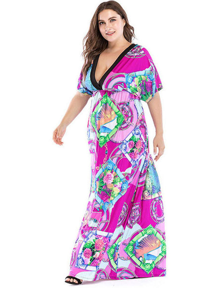 Loose Print Patchwork Wrinkled Ice Silk Holiday Maxi Dress Short Sleeve