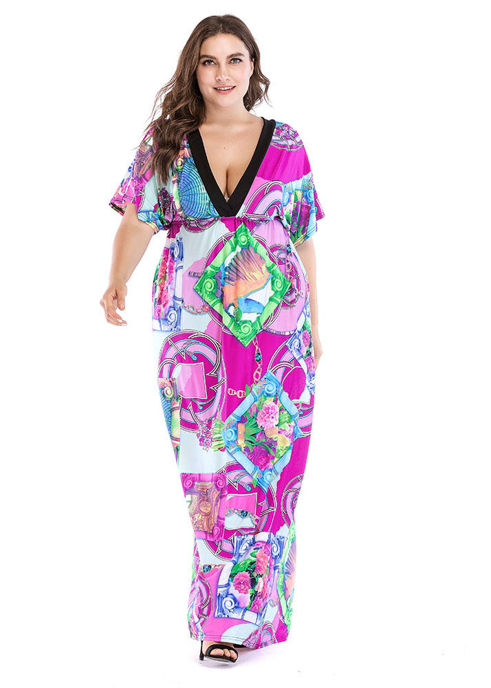 Loose Print Patchwork Wrinkled Ice Silk Holiday Maxi Dress Short Sleeve
