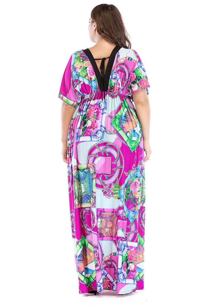 Loose Print Patchwork Wrinkled Ice Silk Holiday Maxi Dress Short Sleeve