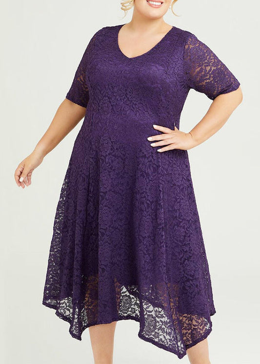 Loose Purple O-Neck Hollow Out Lace Maxi Dress Summer