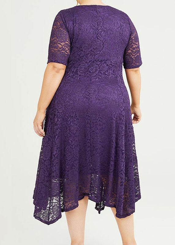 Loose Purple O-Neck Hollow Out Lace Maxi Dress Summer