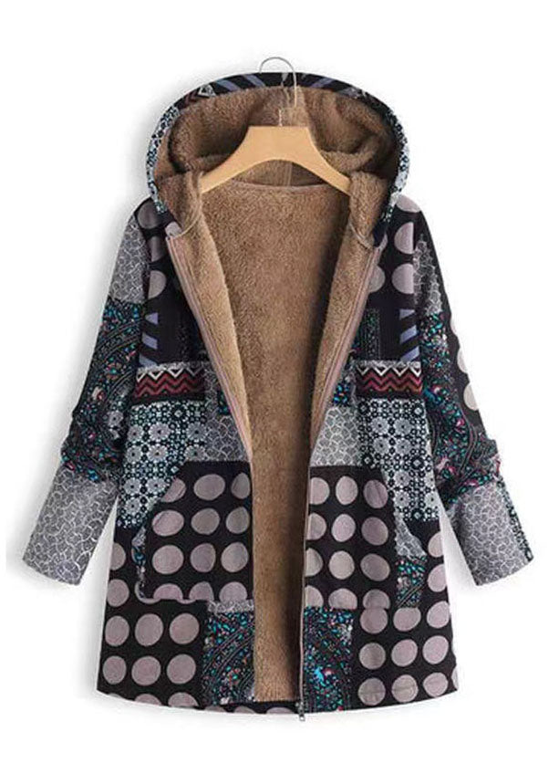 Loose Red Hooded Dot Print Patchwork Warm Fleece Coat Fall