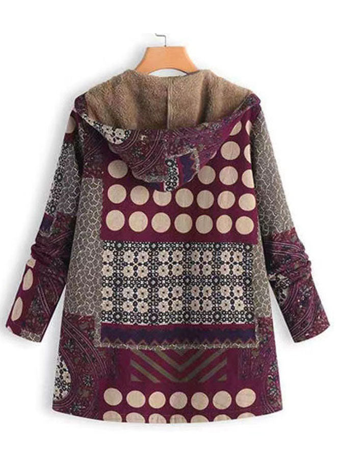 Loose Red Hooded Dot Print Patchwork Warm Fleece Coat Fall
