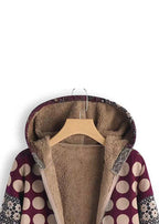 Loose Red Hooded Dot Print Patchwork Warm Fleece Coat Fall