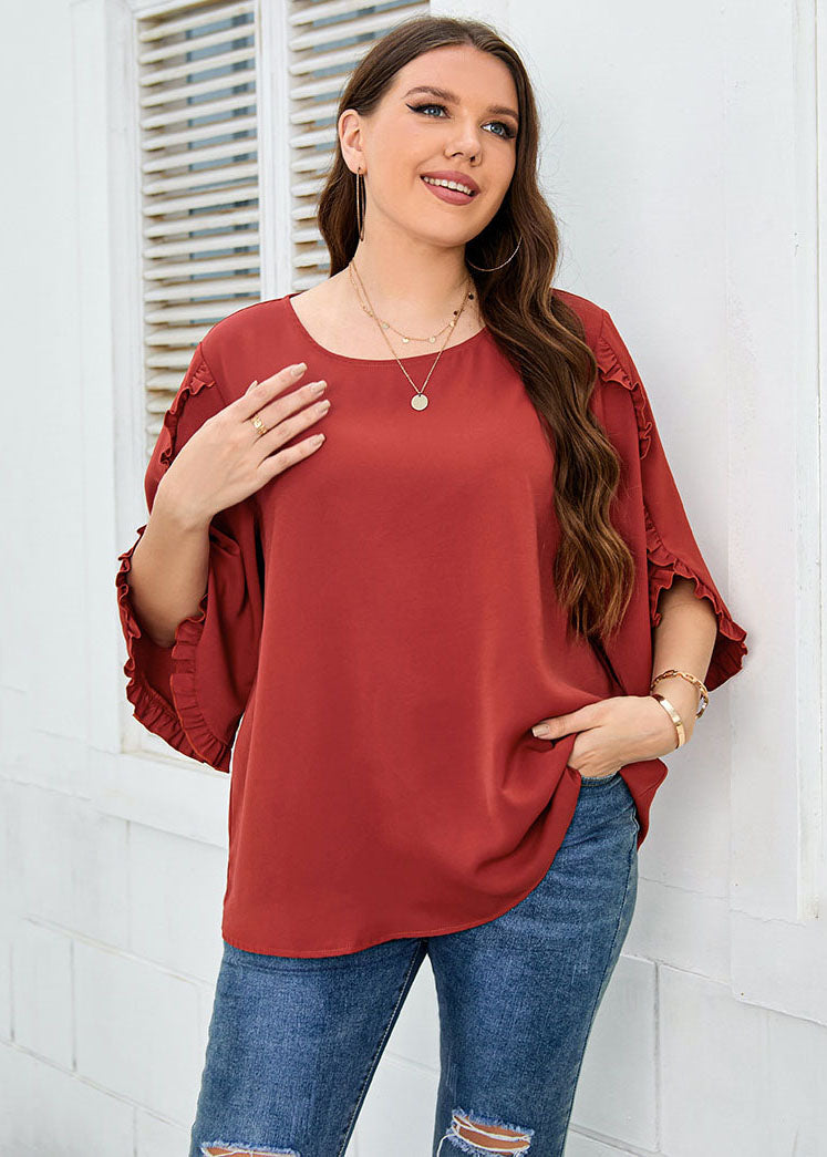 Loose Red O-Neck Ruffled Patchwork Chiffon T Shirt Top Fall