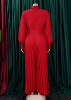 Loose Red Peter Pan Collar Wrinkled Button Spandex Jumpsuit Long Sleeve