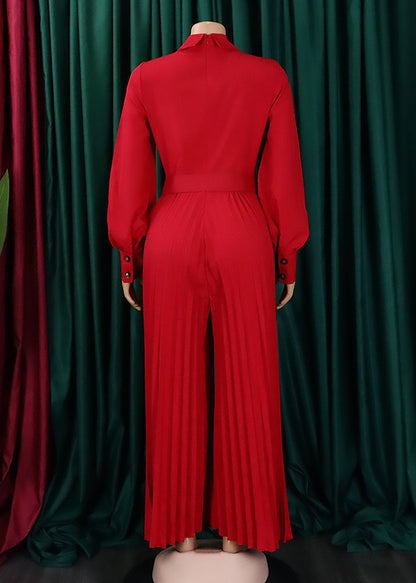 Loose Red Peter Pan Collar Wrinkled Button Spandex Jumpsuit Long Sleeve