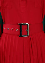 Loose Red Peter Pan Collar Wrinkled Button Spandex Jumpsuit Long Sleeve