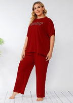 Loose Red T Shirt Tops And Pants Patchwork Cotton Two Piece Set Pajamas Summer