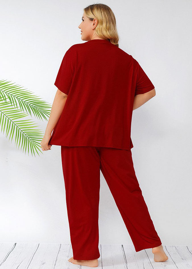 Loose Red T Shirt Tops And Pants Patchwork Cotton Two Piece Set Pajamas Summer