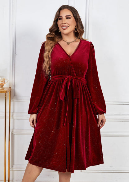 Loose Red V Neck Tie Waist Patchwork Silk Velour Dress Fall