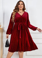 Loose Red V Neck Tie Waist Patchwork Silk Velour Dress Fall