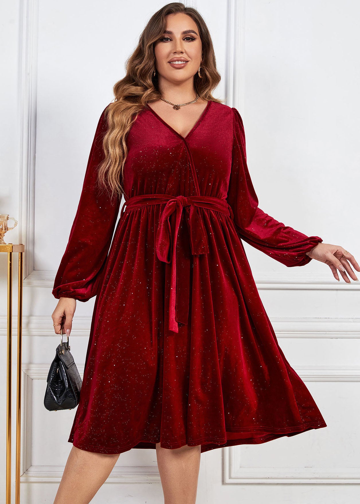 Loose Red V Neck Tie Waist Patchwork Silk Velour Dress Fall