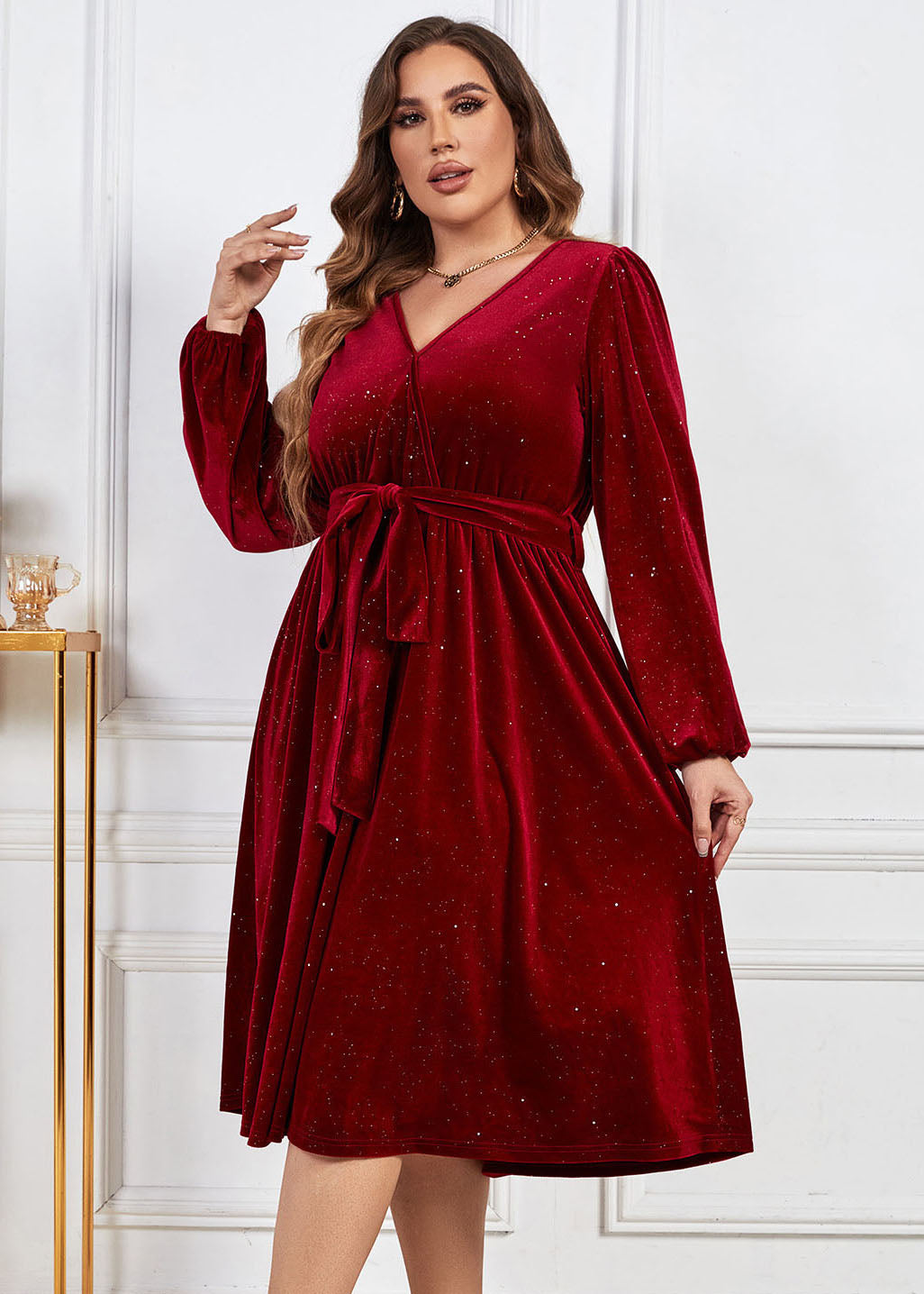 Loose Red V Neck Tie Waist Patchwork Silk Velour Dress Fall