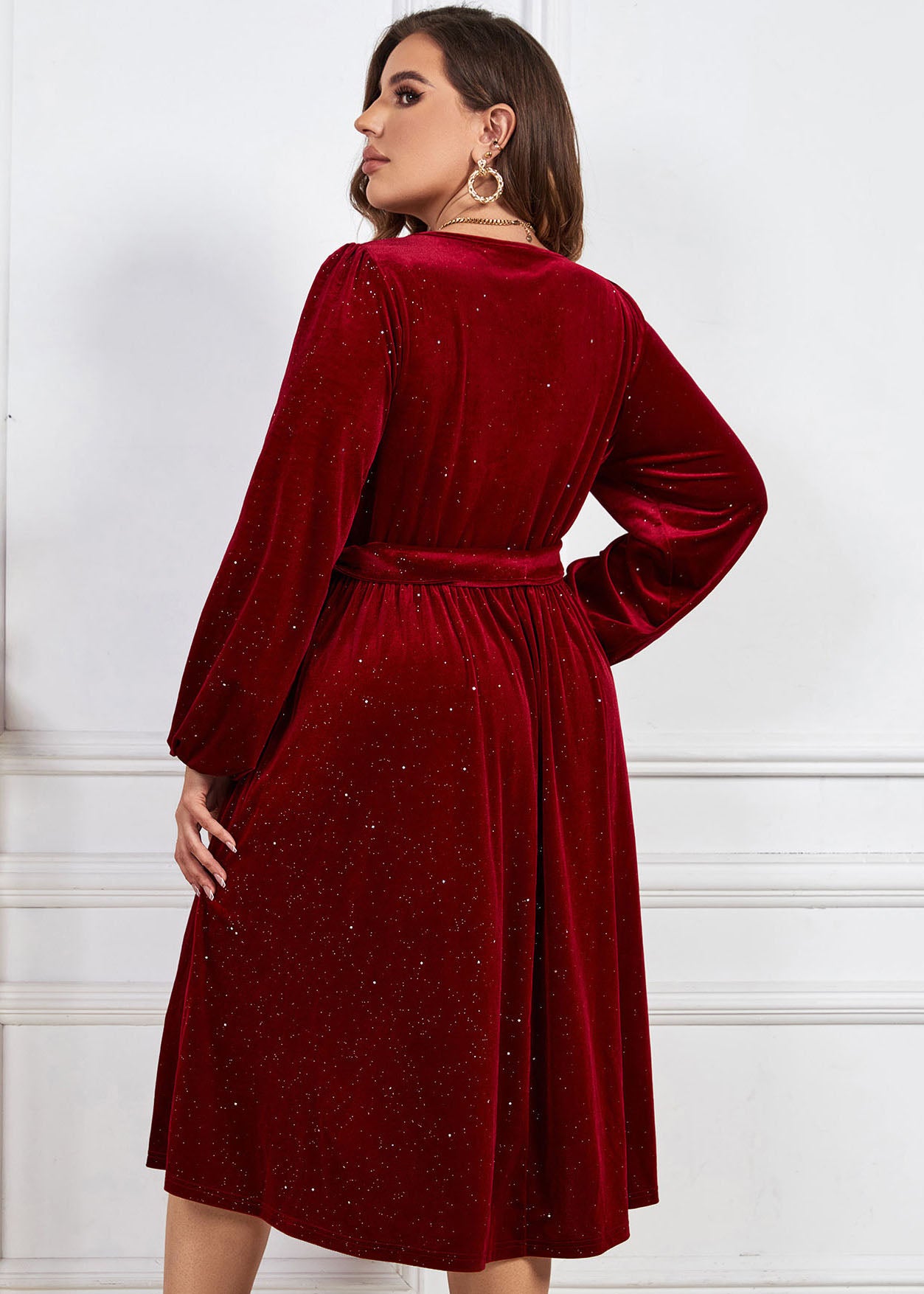 Loose Red V Neck Tie Waist Patchwork Silk Velour Dress Fall