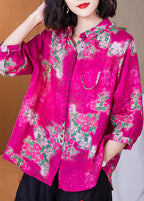 Loose Rose Peter Pan Collar Button Print Patchwork Linen Shirts Bracelet Sleeve