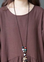 Loose Rust Red O Neck Wrinkled Patchwork Long Linen Dress Spring