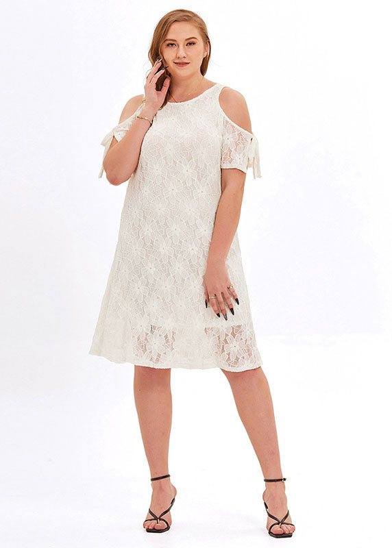 Loose White O-Neck Solid Lace Mid Dresses Summer