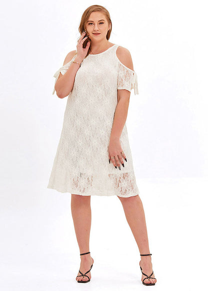 Loose White O-Neck Solid Lace Mid Dresses Summer