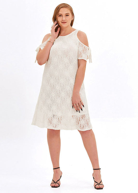 Loose White O-Neck Solid Lace Mid Dresses Summer