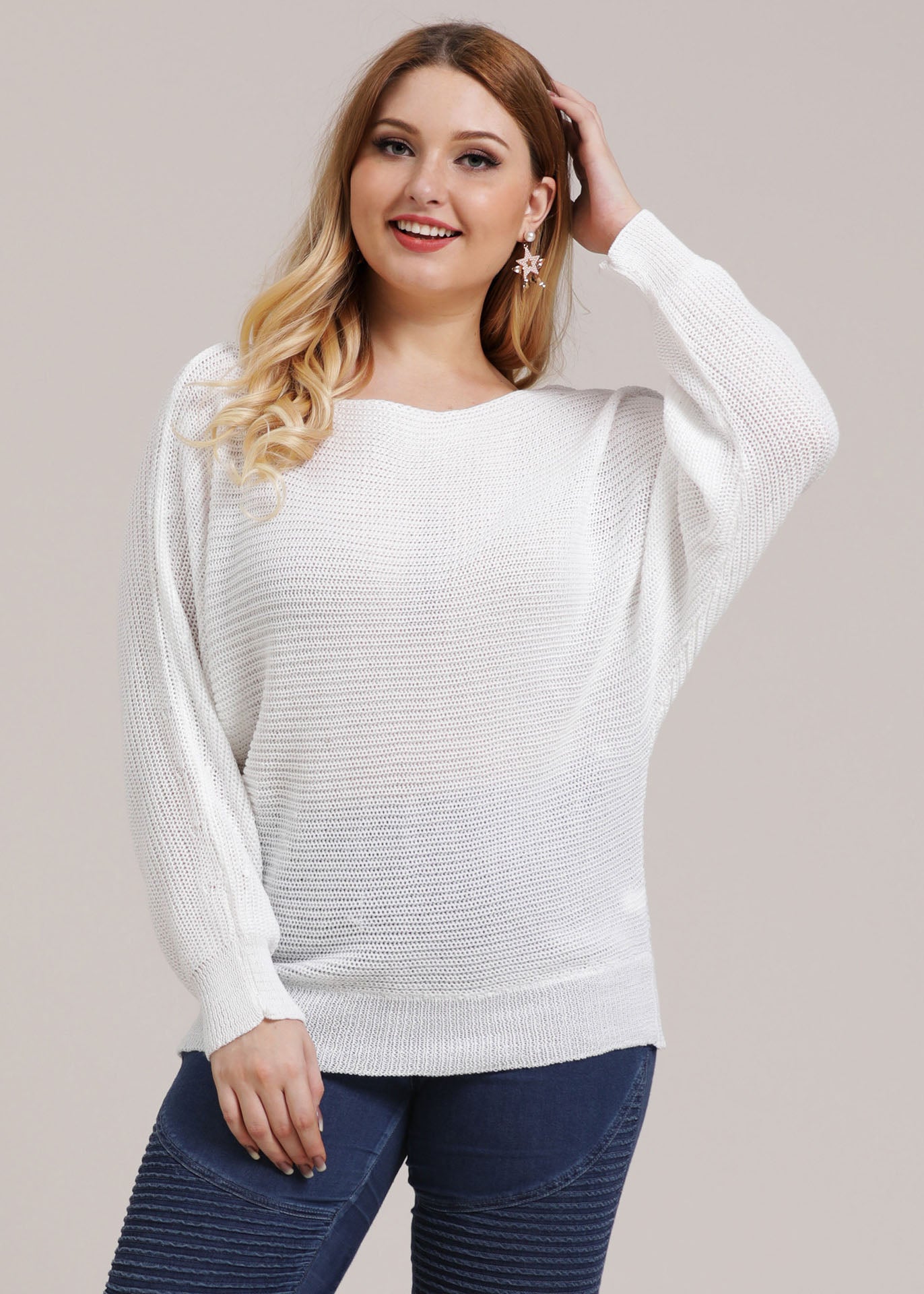 Loose White Slash Neck Knit Top Batwing Sleeve