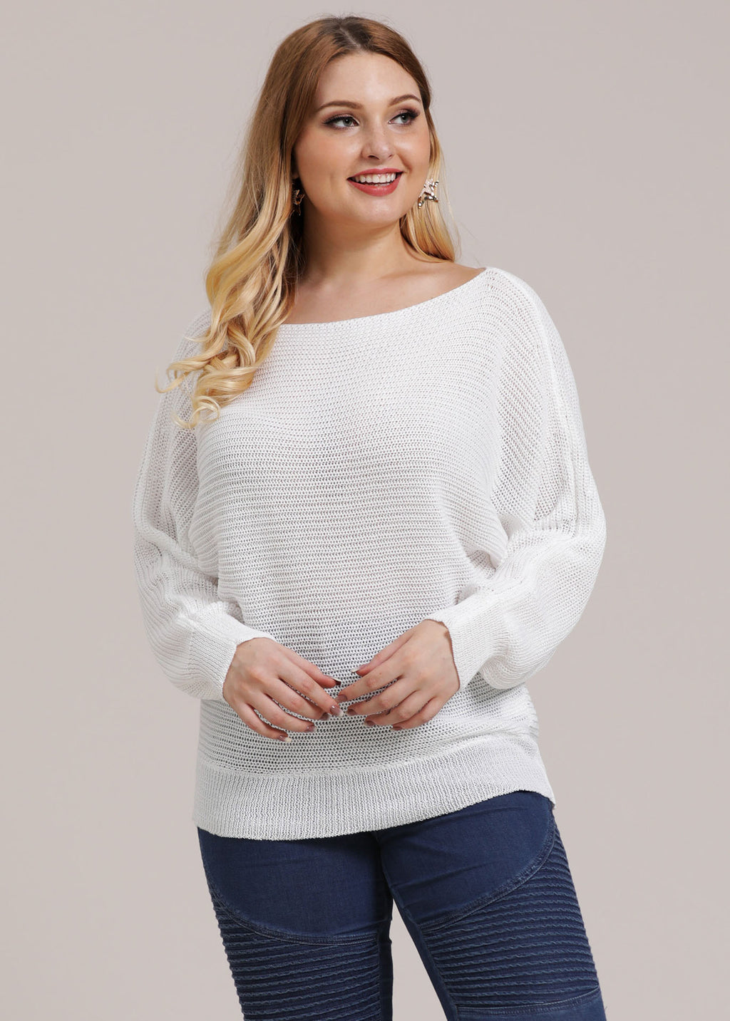 Loose White Slash Neck Knit Top Batwing Sleeve