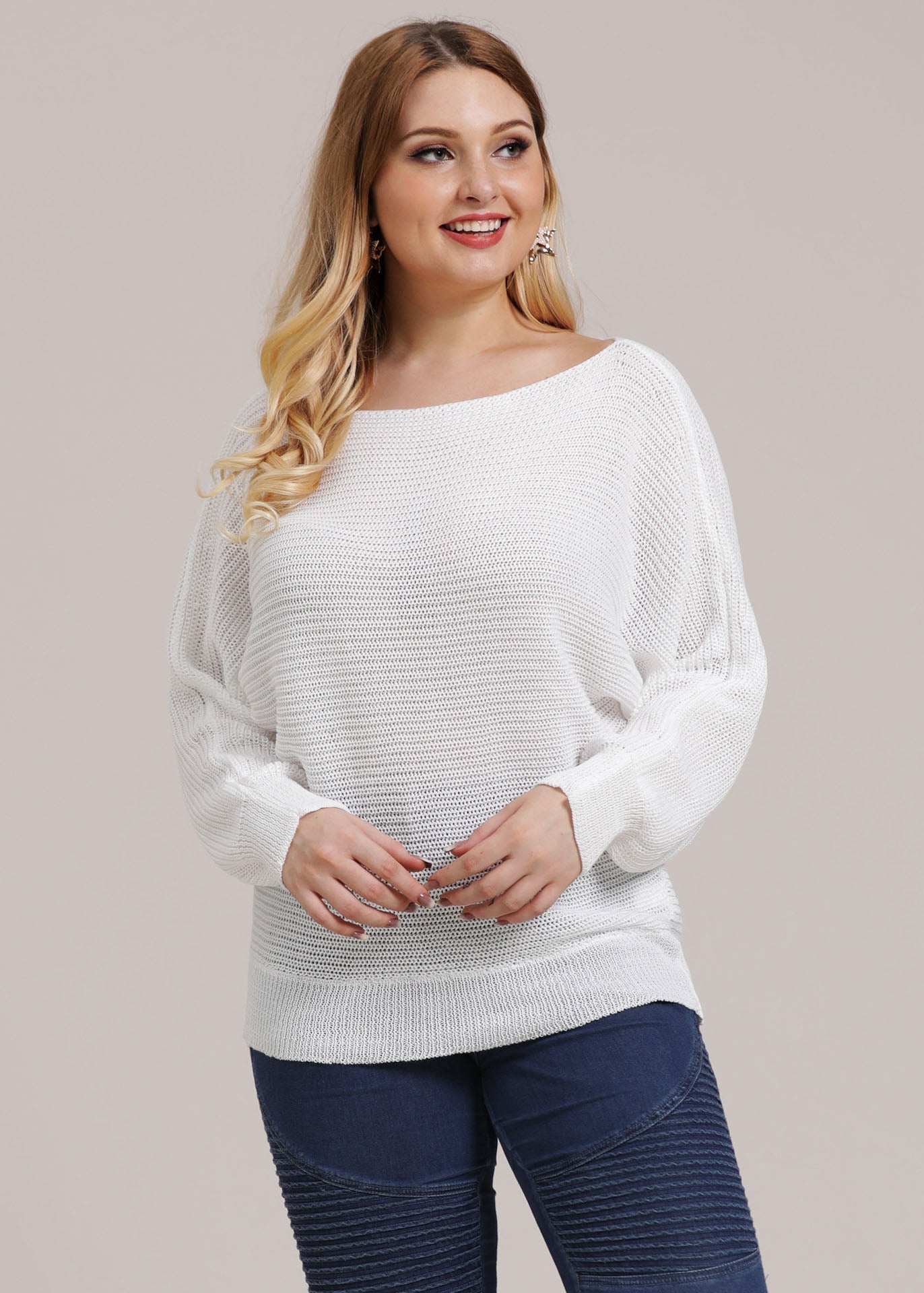 Loose White Slash Neck Knit Top Batwing Sleeve
