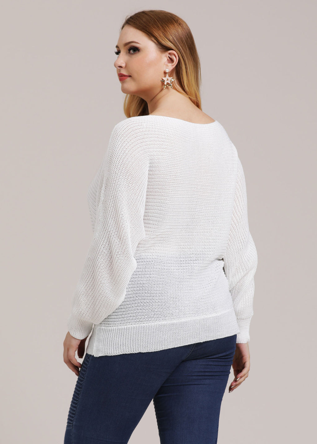 Loose White Slash Neck Knit Top Batwing Sleeve
