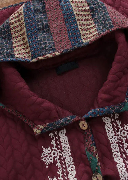 Loose Wine Red Hooded Embroideried Button Patchwork Thick Coats Fall
