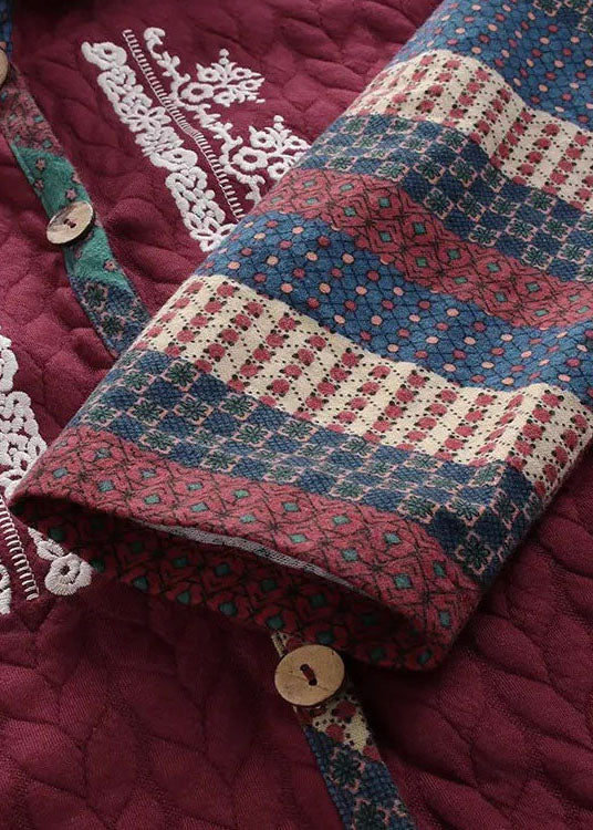 Loose Wine Red Hooded Embroideried Button Patchwork Thick Coats Fall