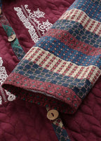 Loose Wine Red Hooded Embroideried Button Patchwork Thick Coats Fall