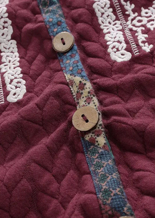 Loose Wine Red Hooded Embroideried Button Patchwork Thick Coats Fall
