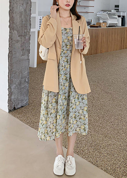 Loose Yellow Button Spandex Coat And Spaghetti Strap Dress Two Pieces Set Fall