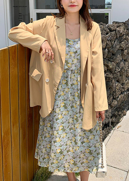 Loose Yellow Button Spandex Coat And Spaghetti Strap Dress Two Pieces Set Fall