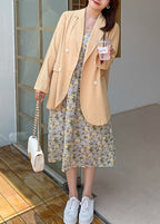 Loose Yellow Button Spandex Coat And Spaghetti Strap Dress Two Pieces Set Fall