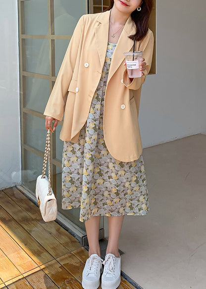 Loose Yellow Button Spandex Coat And Spaghetti Strap Dress Two Pieces Set Fall