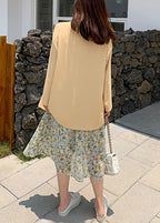 Loose Yellow Button Spandex Coat And Spaghetti Strap Dress Two Pieces Set Fall