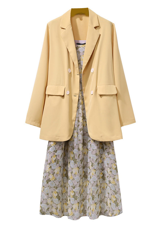 Loose Yellow Button Spandex Coat And Spaghetti Strap Dress Two Pieces Set Fall
