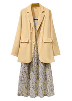 Loose Yellow Button Spandex Coat And Spaghetti Strap Dress Two Pieces Set Fall