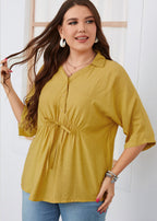 Loose Yellow Peter Pan Collar Patchwork Wrinkled Button Solid Shirt Short Sleeve