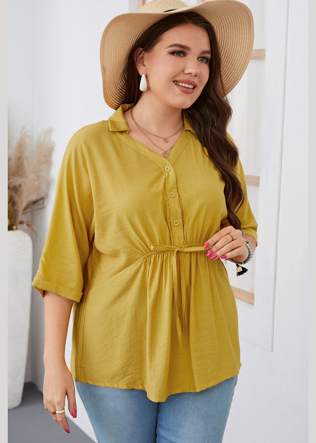 Loose Yellow Peter Pan Collar Patchwork Wrinkled Button Solid Shirt Short Sleeve