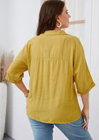 Loose Yellow Peter Pan Collar Patchwork Wrinkled Button Solid Shirt Short Sleeve