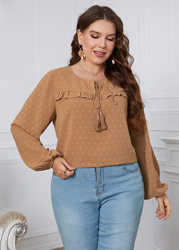 Loose Yellow Ruffled Lace Up Patchwork Chiffon Tops Long Sleeve