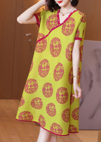 Loose Yellow V Neck Print Wrinkled Silk A Line Dresses Short Sleeve