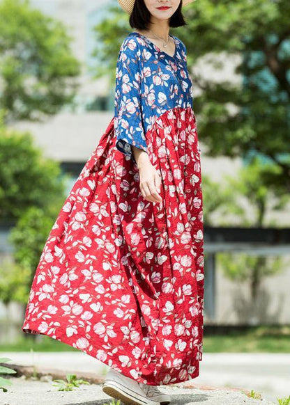 Loose blue red print cotton tunic pattern v neck asymmetric Maxi summer Dresses